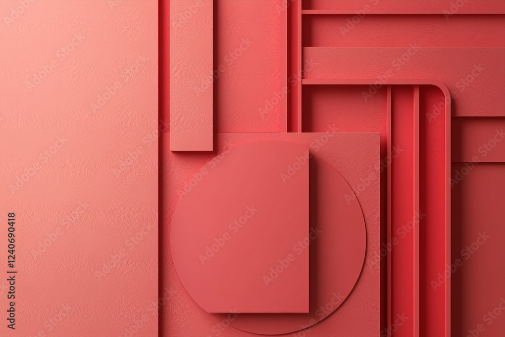 Poster a vibrant modern design features overlapping geometric shapes in various red tones, creating a dynam