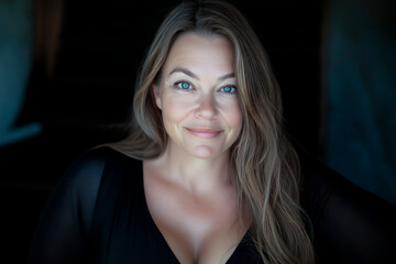Fototapeta premium An attractive and confident woman in her 50s with long hair. She has great proportions, her face has a touch of mischief. Beautiful, cute, carefree, adventurous, playful, looking into the camera