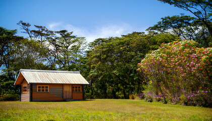 Obraz premium Small Wooden Cabin in a Green Field Surrounded by Trees Under a Clear Blue Sky – Peaceful Rural Escape