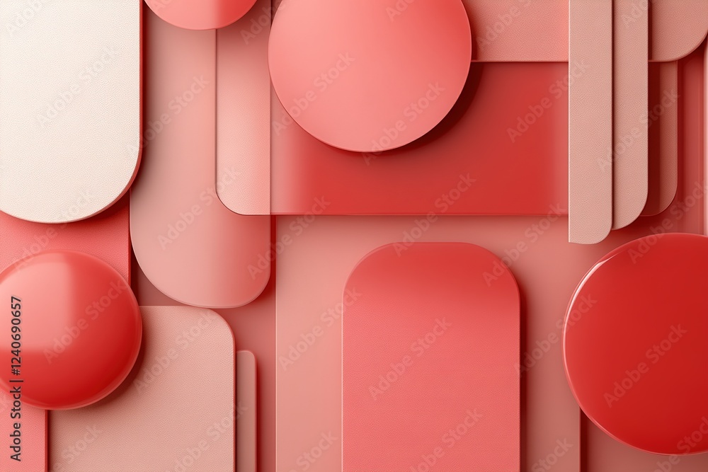 Poster this modern design showcases a vibrant red backdrop filled with overlapping translucent geometric sh