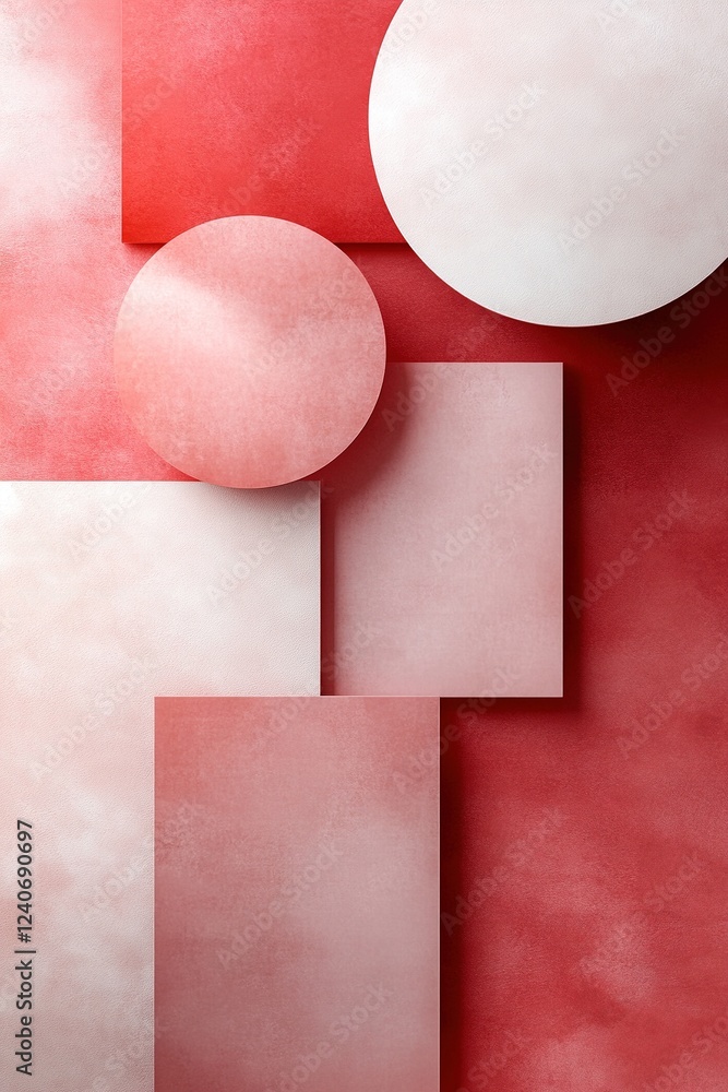 Poster modern design features overlapping translucent geometric shapes in various shades of red, set agains