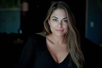 Fototapeta premium An attractive and confident woman in her 50s with long hair. She has great proportions, her face has a touch of mischief. Beautiful, cute, carefree, adventurous, playful, looking into the camera