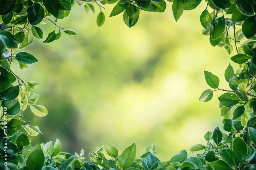 Poster Lush green foliage frames an empty area inviting creative text or ideas in a tranquil outdoor setting. Generative AI