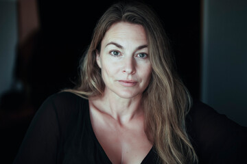 Fototapeta premium An attractive and confident woman in her 50s with long hair. She has great proportions, her face has a touch of mischief. Beautiful, cute, carefree, adventurous, playful, looking into the camera
