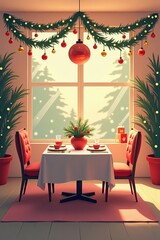 Fototapeta premium A delightful dining area adorned for Christmas with a beautifully set table, sparkling fairy lights above, and a centerpiece of pine branches and ornaments. Flat Design.