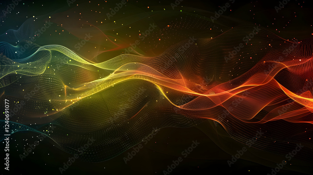 Poster colorful abstract waves with glowing particles in a dark background, creating a dynamic visual effec