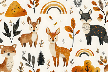 Cute Forest Animals: Deer, Fox, Rainbow