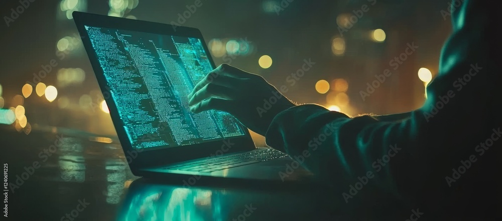 Poster ai stock. a female executive leverages ai technology to analyze data, write computer code with a dig