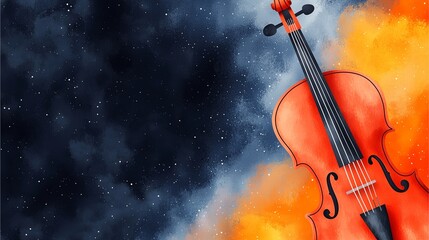Fototapeta premium A vibrant illustration of a violin against a cosmic background, blending colors of orange and blue, evoking a sense of creativity and musicality.