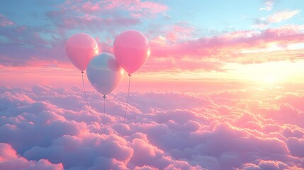 Obraz premium Whimsical Pastel Balloons Floating Among Fluffy Clouds in Tranquil Dreamlike Sky Scenery