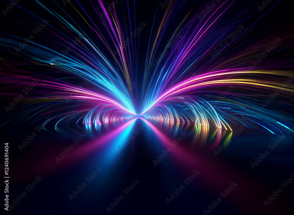 Poster vibrant, multicolored light streaks radiate from a central point, creating a mesmerizing, symmetrica