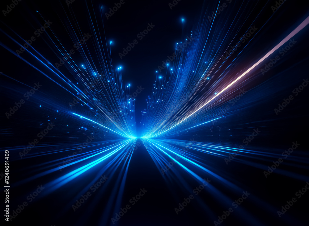 Poster dynamic streaks of blue light converge at the vanishing point, creating a sense of intense speed and