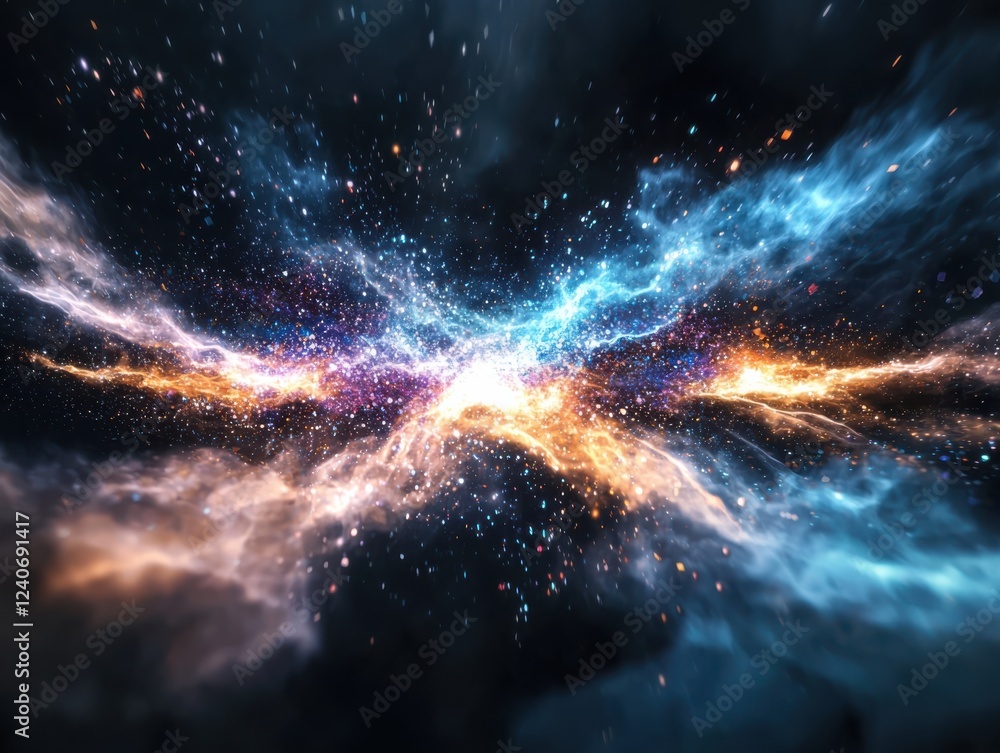 Poster visualize dynamic digital data streams flowing through space as colorful particles in an interconnec