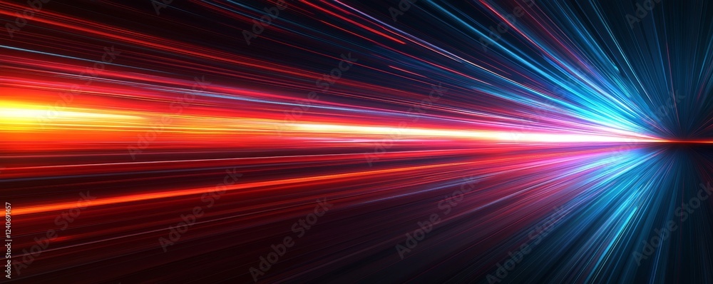 Poster a blurred background with vivid stripes of light against a dark orange and black backdrop, where hor