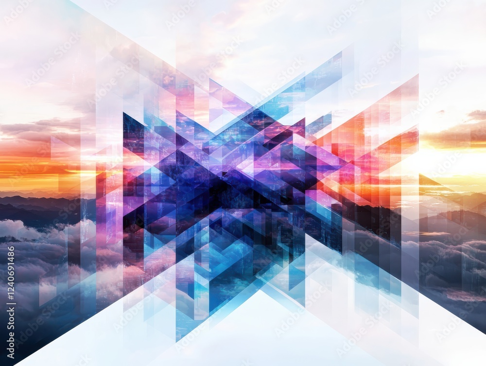 Poster dynamic fusion of geometric shapes in a digital landscape abstract art immersive environment vivid c