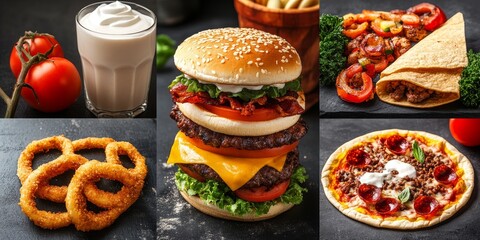 Collage of American Fast Food with Cheeseburger, Pizza, Taco, Onion Rings, and Milkshake