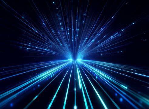 A mesmerizing burst of blue light streaks across a dark background, resembling a futuristic highway or energy surge.  The vibrant lines converge at a vanishing point, creating a sense of depth and spe