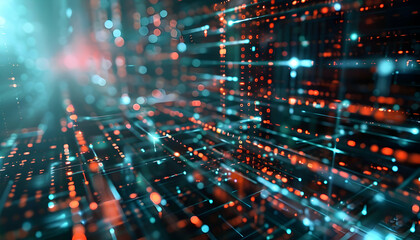 Obraz premium Abstract digital landscape showcasing vibrant data streams and glowing particles in motion