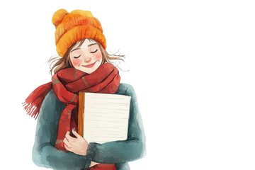 A smiling girl wearing a cozy orange hat and red scarf holds a book close to her chest, radiating warmth and happiness.