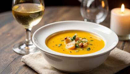 Delightful golden soup garnished with herbs and accompanied by a glass of white wine in an elegant setting