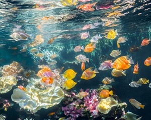 A close-up of vibrant coral reefs with colorful fish swimming in clear waters