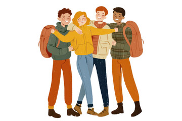 Four friends in casual attire, wearing backpacks, standing together with smiles and a sense of camaraderie.