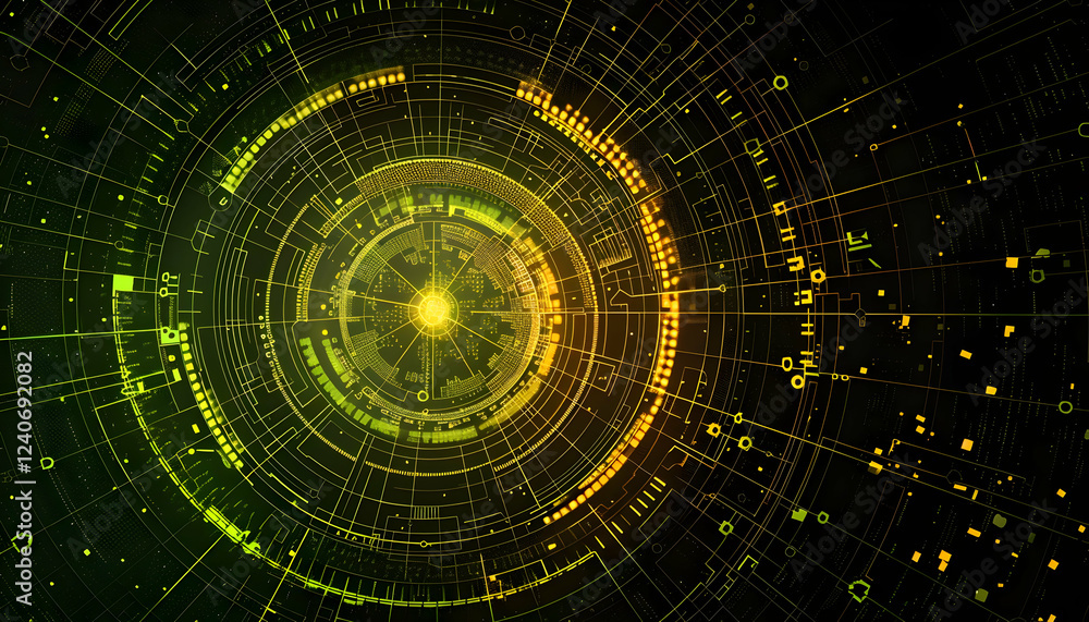 Poster abstract digital design featuring circular patterns and glowing elements in green and yellow tones