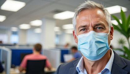Cheerful office worker wearing mask during busy day in modern workspace