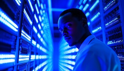 Vertical portrait a young African American data engineer working with a supercomputer in a server room with blue lighting