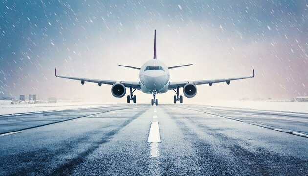 El avi&oacute;n aterriza en la pista del aeropuerto con una ventisca de nieve