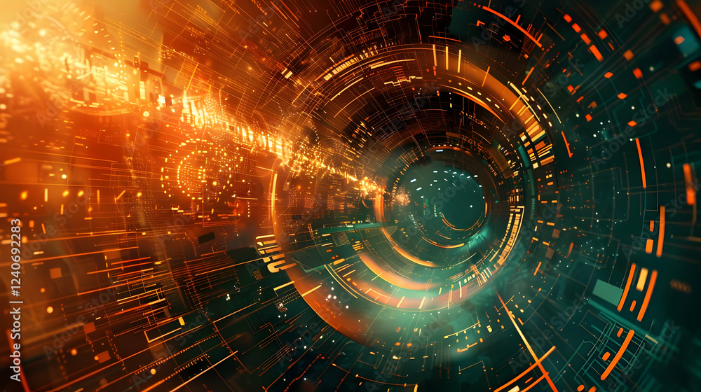 Poster abstract digital tunnel with glowing lines and shapes, representing technology and innovation