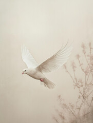 White dove flying in soft foggy background