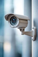 A sleek, modern security camera is mounted on the wall, offering a reliable view of the surrounding area. Natural light softens the office backdrop, promoting a professional ambiance