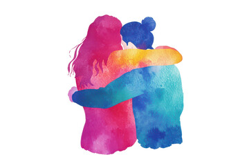 A vibrant watercolor illustration of two figures embracing, showcasing a blend of colors representing warmth and connection.