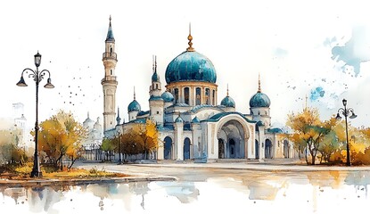 Obraz premium Watercolor Illustration of a Mosque in Autumn