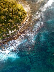 A stunning aerial view of the rugged coastline in Manly, Sydney, Australia, showcasing the contrast between lush green vegetation, rocky cliffs, and crystal-clear turquoise waters. Waves crash against