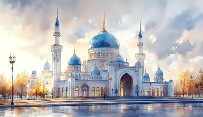 Obraz premium Watercolor illustration of a stunning mosque at dawn.