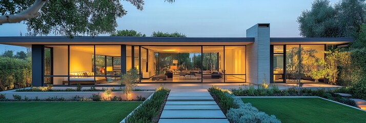 A contemporary house with clean lines, glass walls, and a minimalist garden