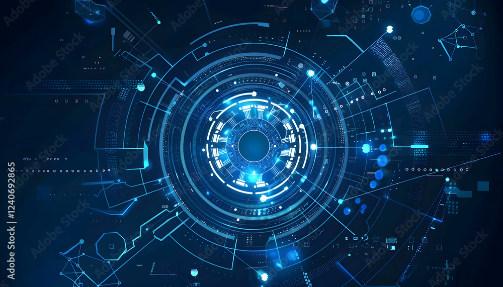 Poster futuristic digital interface with glowing circular patterns and data visualization elements