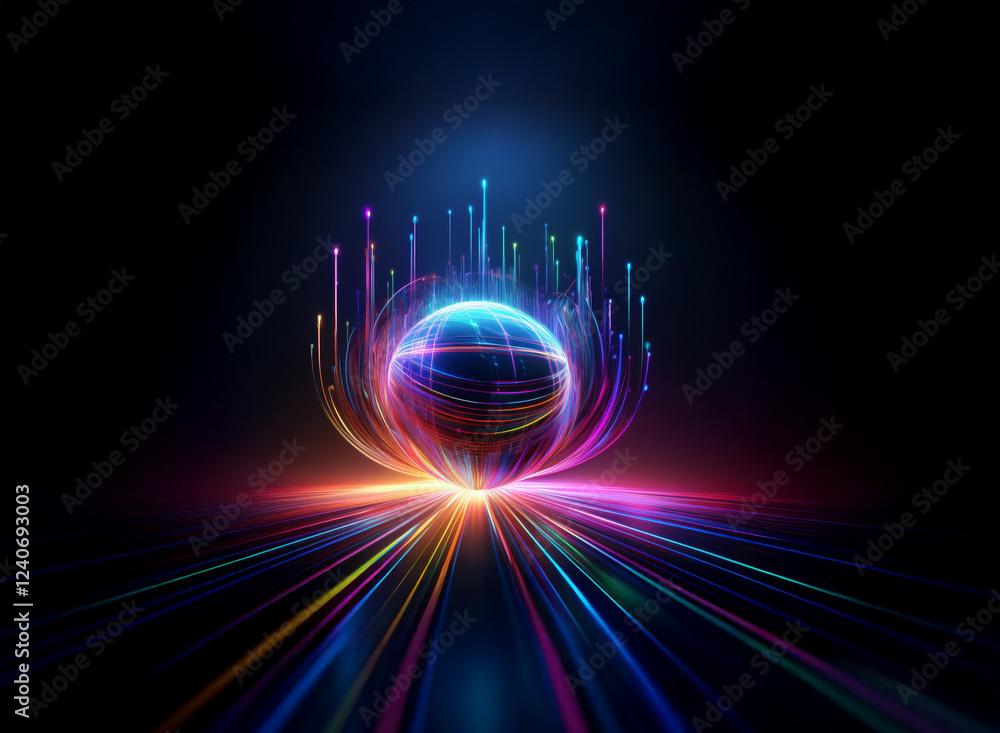 Poster a vibrant sphere glows with multicolored energy streams, resting on a radiant, converging light path