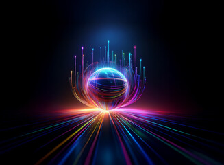 A vibrant sphere glows with multicolored energy streams, resting on a radiant, converging light path against a dark background.  It evokes concepts of speed, technology, and connectivity.
