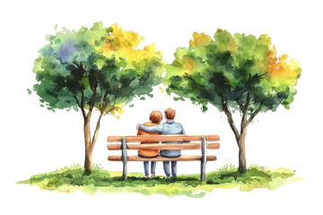 A couple sits closely on a bench surrounded by vibrant trees, enjoying a serene moment together.