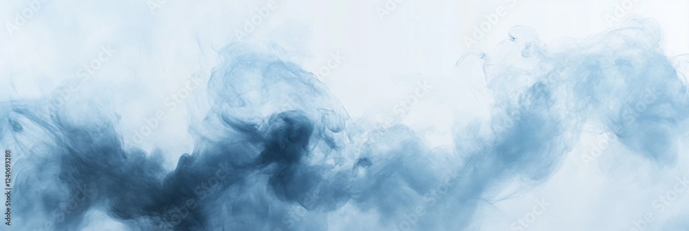Poster swirling blue smoke forming shapes in a minimalistic white backdrop allowing for text placement. gen