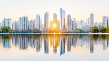 Obraz premium Cityscape sunrise, lake reflection, urban park, business background
