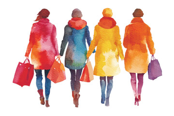 Four women in colorful coats hold shopping bags, walking in unison, showcasing a vibrant display of fashion and style.