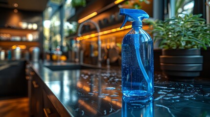 A white plastic bottle of disinfectant cleaner placed at the center of a neat office desk.