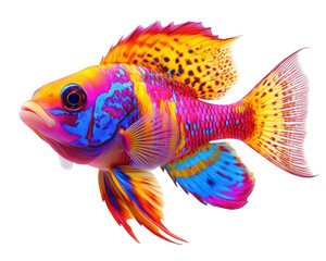 Colorful tropical fish with vibrant scales swimming gracefully in water. Its bright hues and intricate patterns create stunning visual display, showcasing beauty of marine life