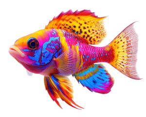 Colorful tropical fish with vibrant scales swimming gracefully in water. Its bright hues and intricate patterns create stunning visual display, showcasing beauty of marine life