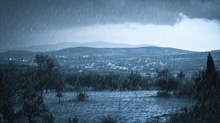 Fototapeta premium Dramatic Rainfall Over Landscape With Dark Clouds and Mountains