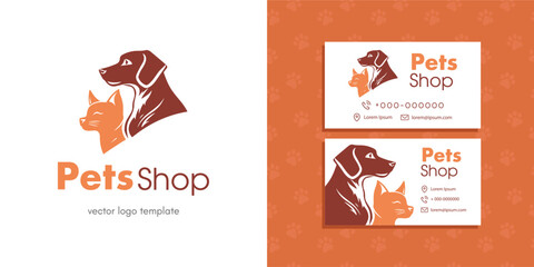 Dog cat logo. Pet shop vector logo template, seamless pattern and business card template.